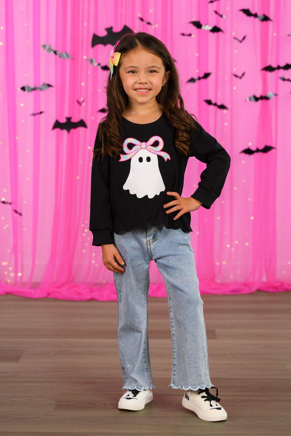 Rhinestone Ghost Denim Pant Set - 6-12 Months - Girl wearing black long-sleeve top with white rhinestone ghost graphic and light blue straight-leg denim pants.