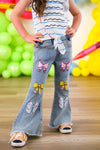 Notebook Bow Flare Denim Pant Set - 3T - Light blue flare denim pants with colorful butterfly patches on front legs and frayed hems.