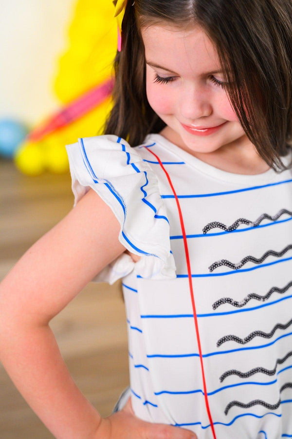 Notebook Bow Flare Denim Pant Set - 3T - White short-sleeve top with blue wavy stripes, red vertical line, and ruffled sleeves paired with denim pants.