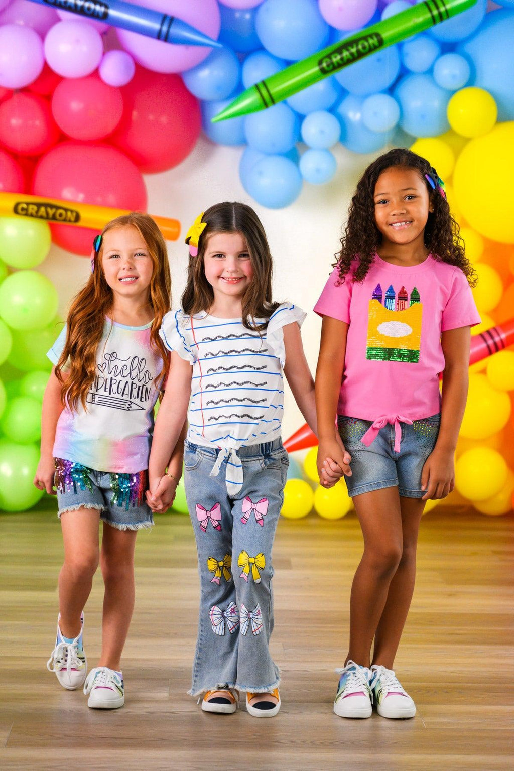 Pink Sequin Crayon Denim Short Set - 3T - Pink short-sleeve shirt with sequin crayon design paired with blue denim shorts.