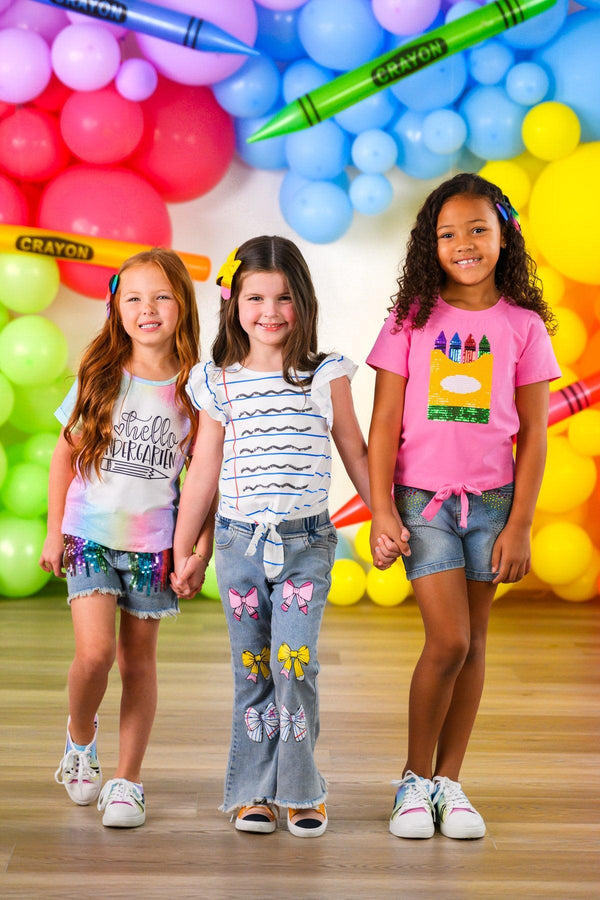 Pink Sequin Crayon Denim Short Set - 3T - Pink short-sleeve shirt with sequin crayon design paired with blue denim shorts.
