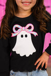 Rhinestone Ghost Denim Pant Set - 6-12 Months - Black long-sleeve denim top with scalloped hem featuring a white ghost graphic with a pink bow adorned with rhinestones.