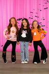 Rhinestone Ghost Denim Pant Set - 6-12 Months - Girls wearing colorful long-sleeve shirts with Halloween ghost and pumpkin prints paired with black and denim pants, set.