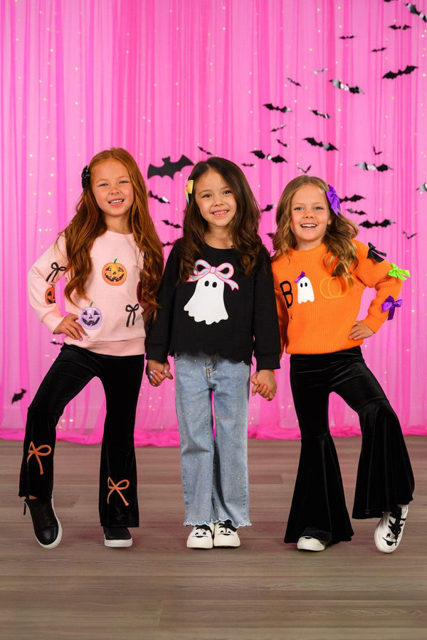 Rhinestone Ghost Denim Pant Set - 6-12 Months - Girls wearing colorful long-sleeve shirts with Halloween ghost and pumpkin prints paired with black and denim pants, set.