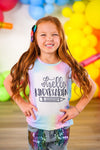 "Hello Pre-K - 6th Grade" Rainbow Denim Short Set - PRE-K / 2T - White sleeveless top with pastel rainbow trim and "hello kindergarten" text paired with rainbow sequin shorts.