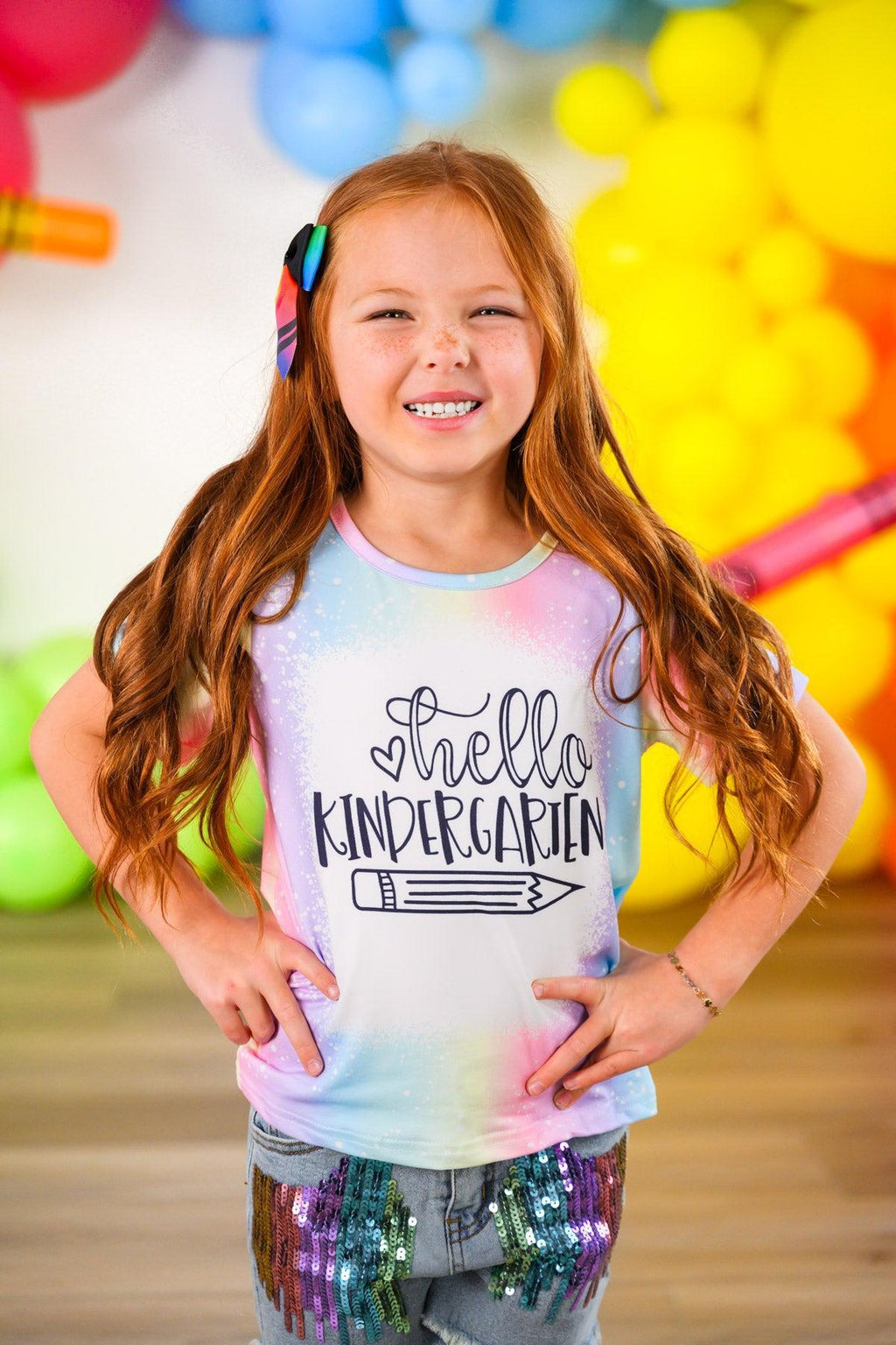 "Hello Pre-K - 6th Grade" Rainbow Denim Short Set - PRE-K / 2T - White sleeveless top with pastel rainbow trim and "hello kindergarten" text paired with rainbow sequin shorts.