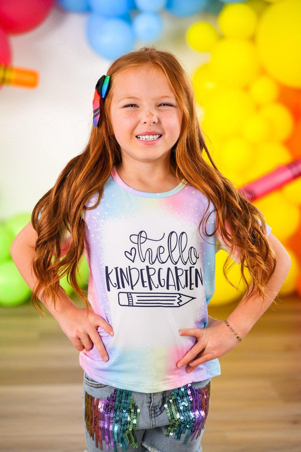 "Hello Pre-K - 6th Grade" Rainbow Denim Short Set - PRE-K / 2T - White sleeveless top with pastel rainbow trim and "hello kindergarten" text paired with rainbow sequin shorts.