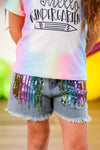 "Hello Pre-K - 6th Grade" Rainbow Denim Short Set - PRE-K / 2T - Light wash denim shorts with multicolored sequin fringe and raw hem detailing.