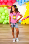 Pink Sequin Crayon Denim Short Set - 3T - Pink short-sleeve top with sequin crayon design paired with light blue denim shorts and white sneakers.