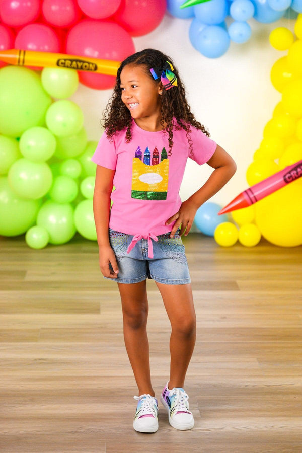 Pink Sequin Crayon Denim Short Set - 3T - Pink short-sleeve top with sequin crayon design paired with light blue denim shorts and white sneakers.