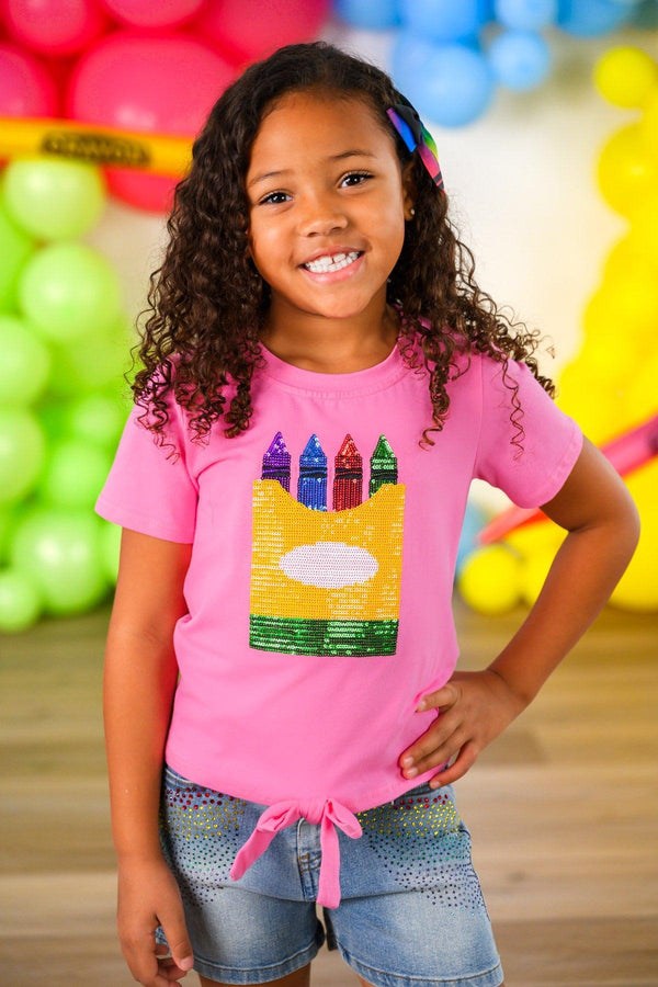 Pink Sequin Crayon Denim Short Set - 3T - Pink short-sleeve shirt with crayon box graphic and tied front paired with light blue denim shorts.