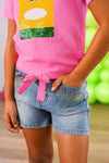 Pink Sequin Crayon Denim Short Set - 3T - Pink short-sleeve top with yellow and green sequin graphic and front tie paired with light denim shorts embellished with.