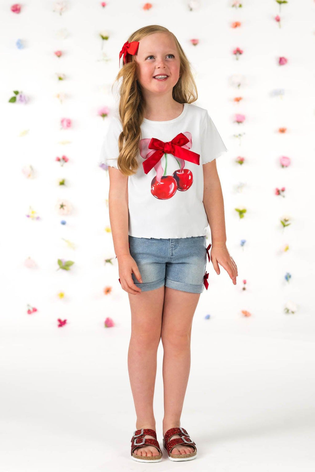 Cherry Bow Denim Short Set | Sparkle in Pink