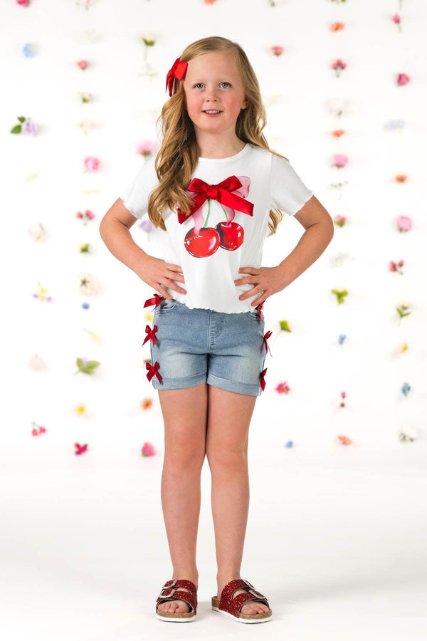 Cherry Bow Denim Short Set | Sparkle in Pink