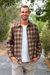 Family Brown Dress & Flannel - GIRL-6-12 Months-FAMILY - Brown plaid flannel shirt with button-front and long sleeves worn over a white t-shirt.