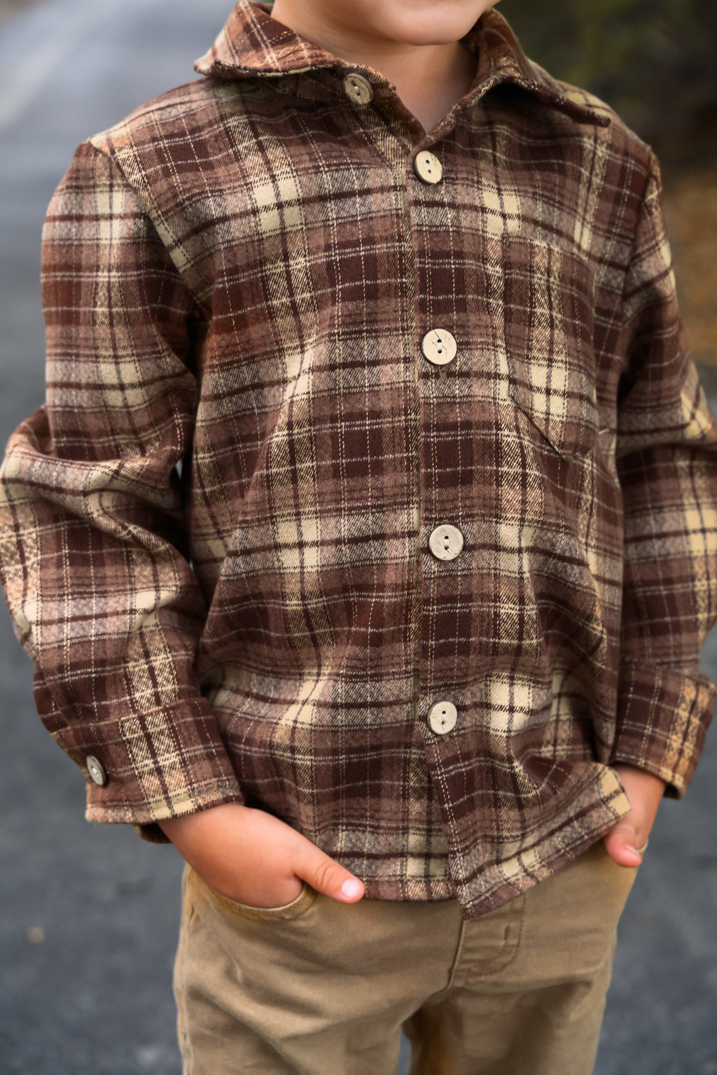 Family Brown Dress & Flannel - GIRL-6-12 Months-FAMILY - Brown plaid flannel shirt with cream buttons and long sleeves on child model.