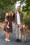 Family Brown Dress & Flannel - GIRL-6-12 Months-FAMILY - Brown knee-length dress with puff sleeves paired with brown and beige plaid flannel shirt and pants.
