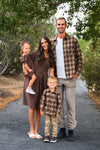 Family Brown Dress & Flannel - GIRL-6-12 Months-FAMILY - Brown knee-length dress with puff sleeves, brown plaid button-up flannel shirt, beige pants, and matching brown plaid shirt.
