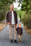 Family Navy & Rust Plaid Dress & Shirt - GIRL-0-3 Months-FAMILY - Navy and rust plaid long-sleeve shirt with button-up front, worn by man and boy outdoors.
