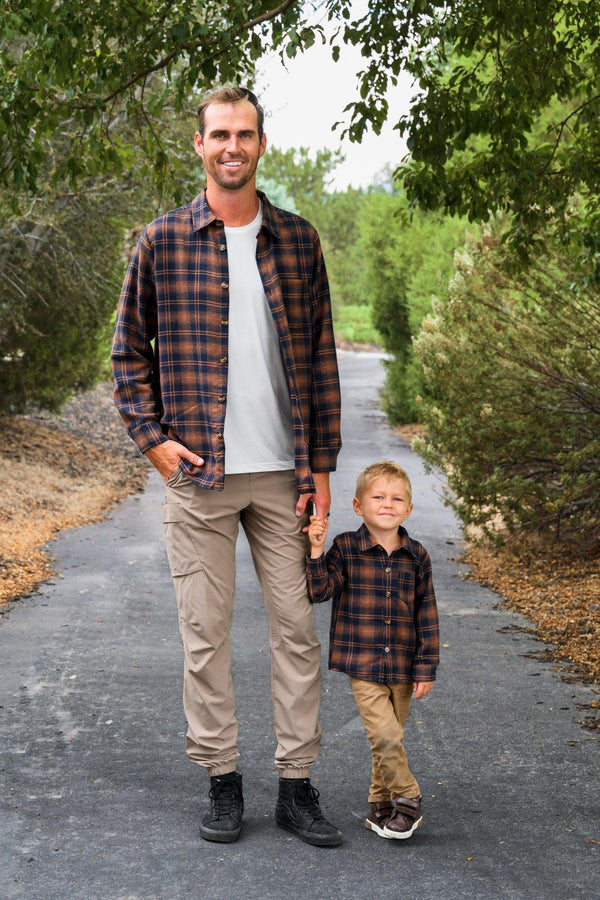 Family Navy & Rust Plaid Dress & Shirt - GIRL-0-3 Months-FAMILY - Navy and rust plaid long-sleeve shirt with button-up front, worn by man and boy outdoors.