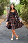 Family Navy & Rust Plaid Dress & Shirt - GIRL-0-3 Months-FAMILY - Navy and rust plaid midi dress with long puffed sleeves and square neckline, lightweight fabric.
