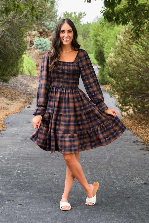 Family Navy & Rust Plaid Dress & Shirt - GIRL-0-3 Months-FAMILY - Navy and rust plaid midi dress with long puffed sleeves and square neckline, lightweight fabric.