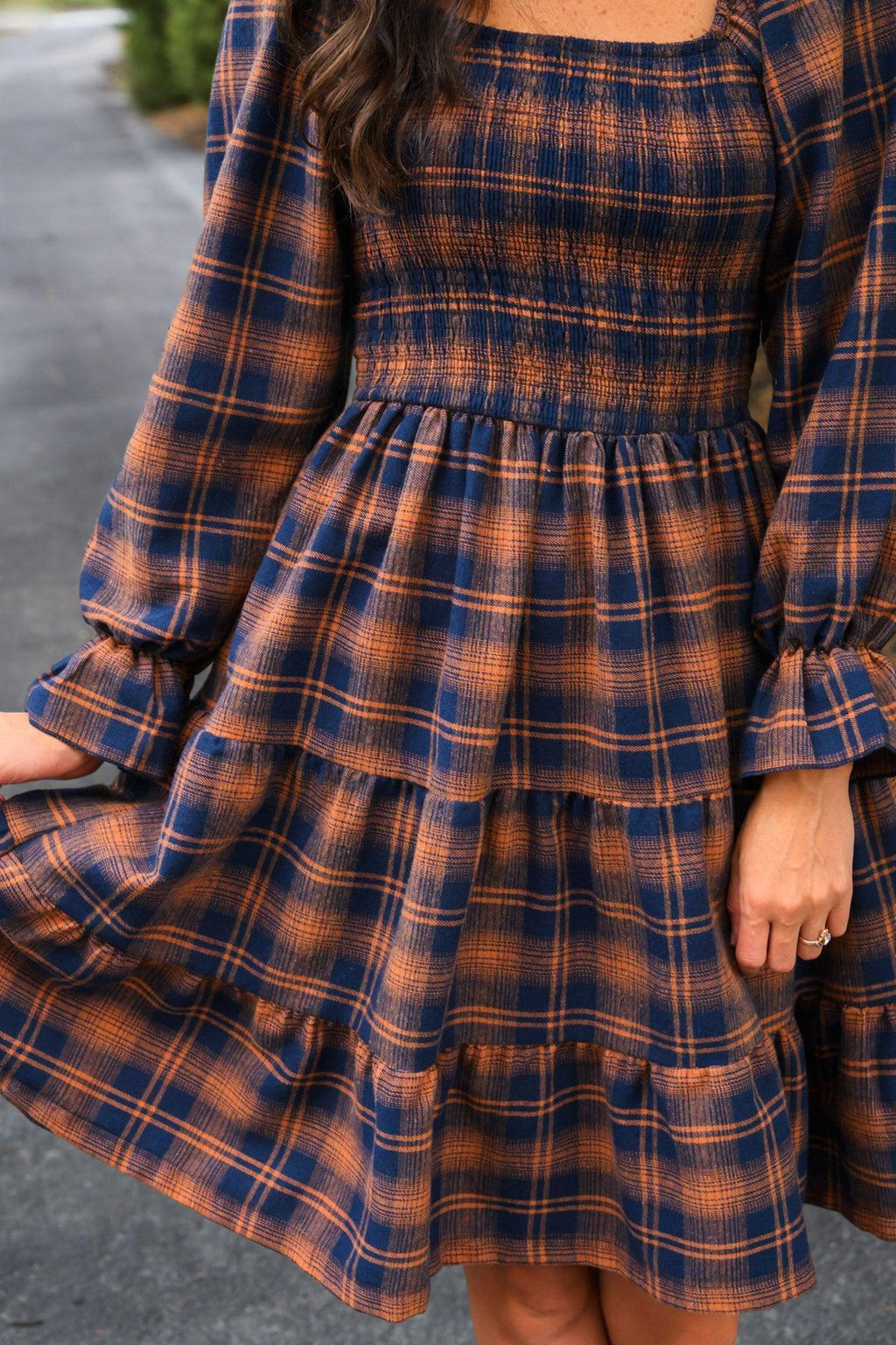 Family Navy & Rust Plaid Dress & Shirt - GIRL-0-3 Months-FAMILY - Navy and rust plaid dress with smocked bodice, square neckline, long puff sleeves, and tiered skirt.