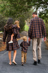 Family Navy & Rust Plaid Dress & Shirt - GIRL-0-3 Months-FAMILY - Family plaid outfit set with navy and rust tones; dress, shirt, and children's matching tops with long sleeves.
