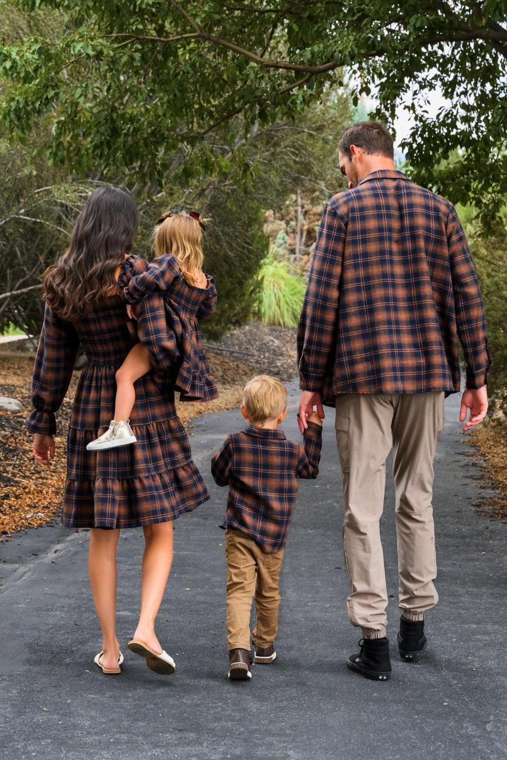 Family Navy & Rust Plaid Dress & Shirt - GIRL-0-3 Months-FAMILY - Family plaid outfit set with navy and rust tones; dress, shirt, and children's matching tops with long sleeves.