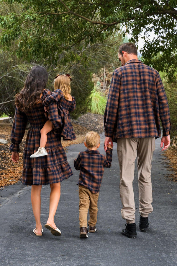 Family Navy & Rust Plaid Dress & Shirt - GIRL-0-3 Months-FAMILY - Family plaid outfit set with navy and rust tones; dress, shirt, and children's matching tops with long sleeves.