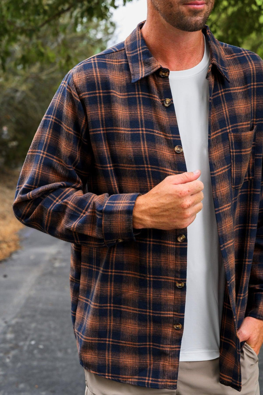 Family Navy & Rust Plaid Dress & Shirt - GIRL-0-3 Months-FAMILY - Navy and rust plaid button-up shirt with brown accents worn over white tee.