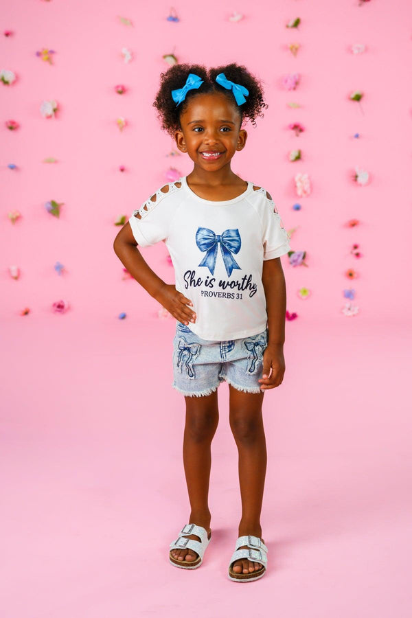 "She Is Worthy" Denim Bow Short Set