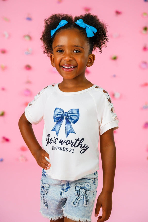 "She Is Worthy" Denim Bow Short Set