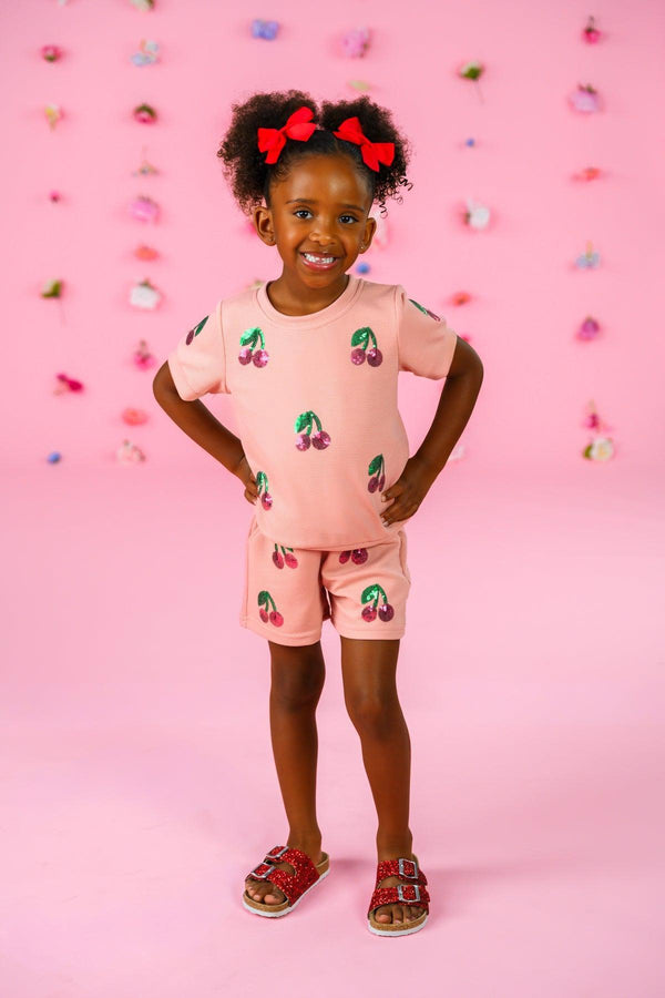Pink Waffle Knit Cherry Short Set