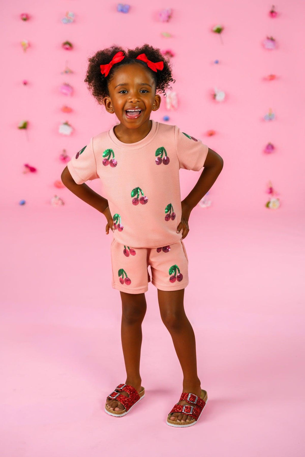 Pink Waffle Knit Cherry Short Set