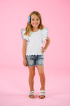 White & Blue Bow Denim Short Set - 6-12 Months - White ruffled sleeve top with blue bow accents paired with distressed denim shorts.