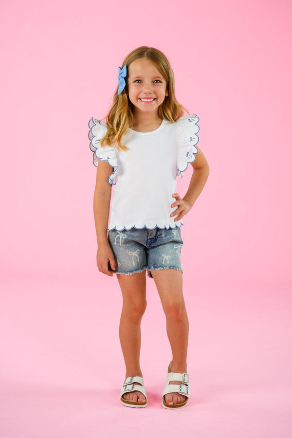 White & Blue Bow Denim Short Set - 6-12 Months - White ruffled sleeve top with blue bow accents paired with distressed denim shorts.