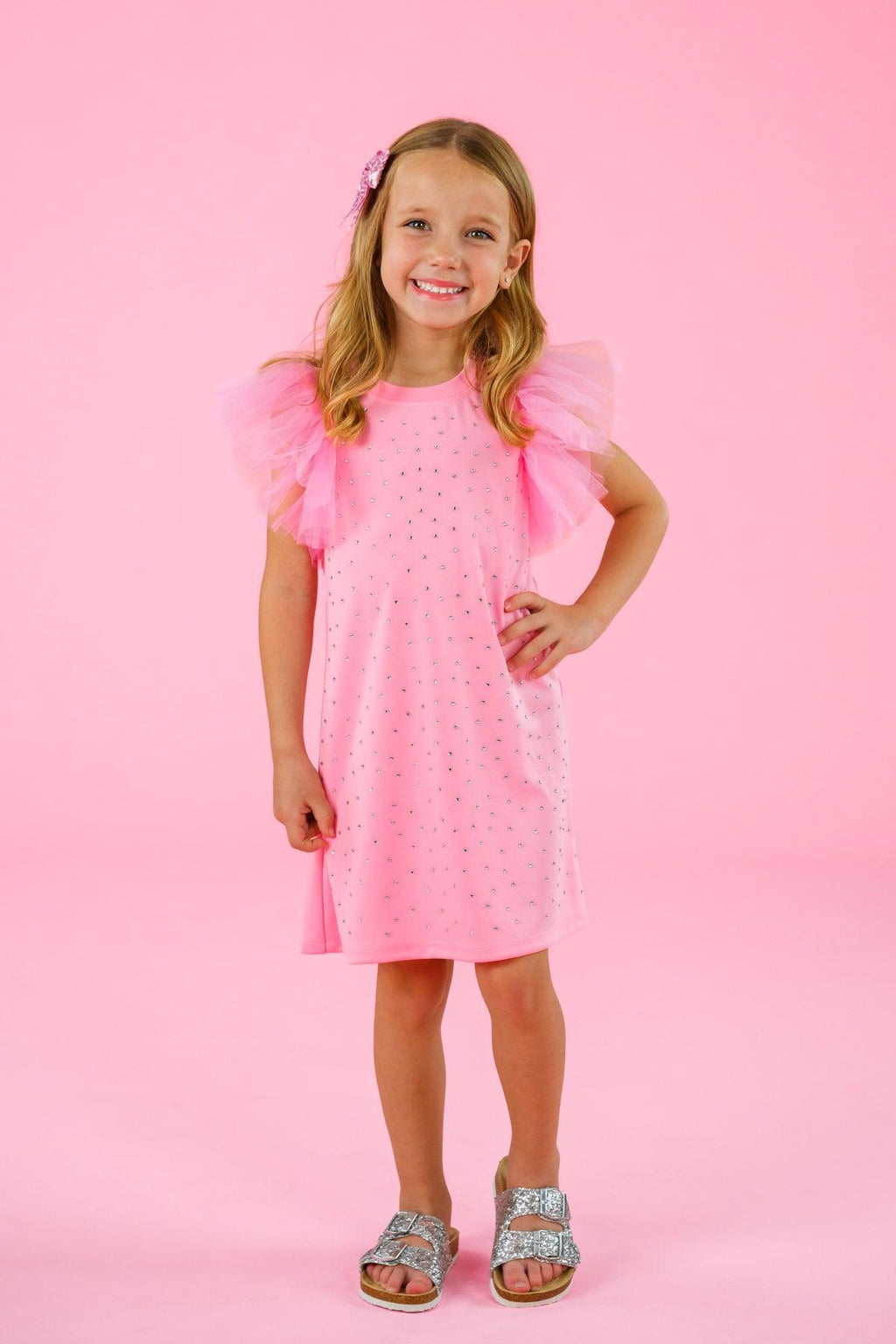 Pink Rhinestone Dress - 6-12 Months - Pink short-sleeve dress with rhinestone embellishments and ruffled shoulder details.