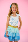 "Be Kind" Glitter Tutu Skirt Set - 6-12 Months - White sleeveless top with blue "Be Kind" glitter text paired with a layered mint and blue glitter tutu skirt with a gold.