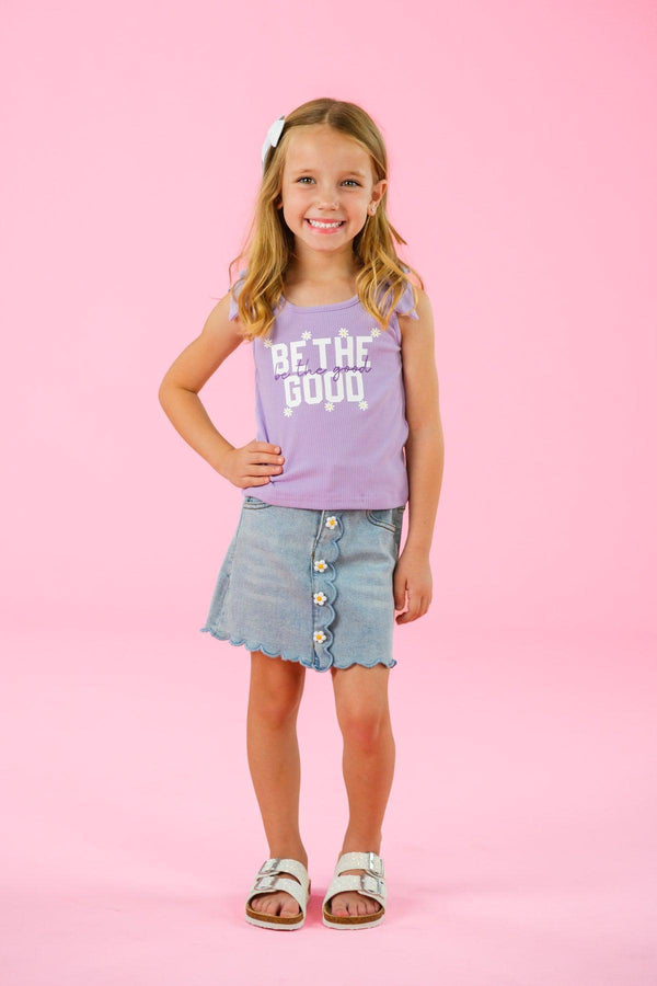 "Be The Good" Daisy Denim Skirt Set - 6-12 Months - Purple sleeveless top with "Be The Good" text paired with light blue button-front denim skirt.