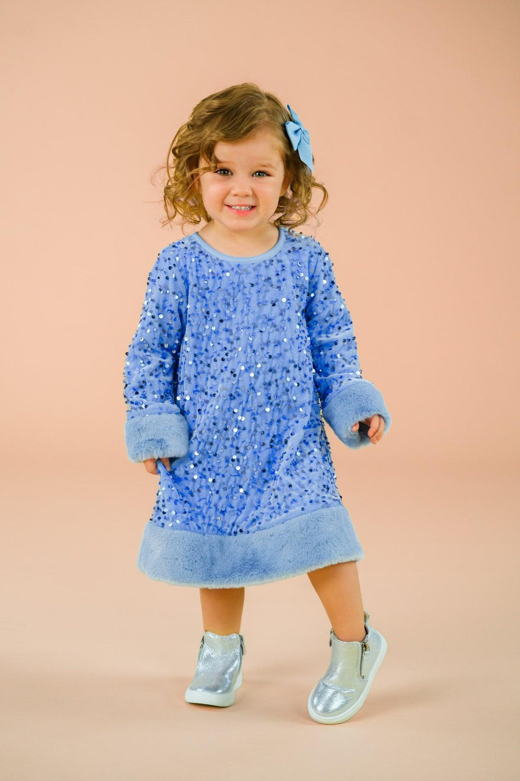Sparkle Plush Sequin Long Sleeve Dress - Green / 6-12 Months - Blue plush sequin long sleeve dress with light blue cuffs and hem, worn by toddler girl.