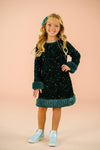 Sparkle Plush Sequin Long Sleeve Dress - Green / 6-12 Months - Black long sleeve plush dress with green sequin sparkles and green faux fur trim at cuffs and hem.