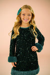 Sparkle Plush Sequin Long Sleeve Dress - Green / 6-12 Months - Black long sleeve dress with plush teal cuffs and sparkling sequin embellishments.