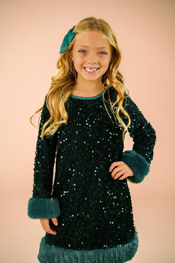 Sparkle Plush Sequin Long Sleeve Dress - Green / 6-12 Months - Black long sleeve dress with plush teal cuffs and sparkling sequin embellishments.