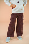 Knit Flower Burgundy Denim Pant Set - 6-12 Months - Burgundy wide-leg denim pants with multiple cargo pockets paired with white knit sweater with floral details.