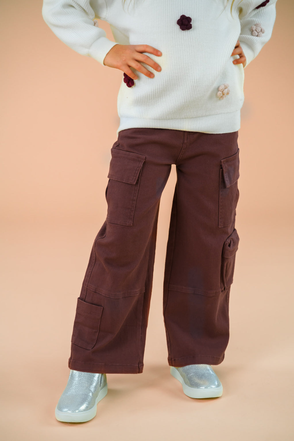 Knit Flower Burgundy Denim Pant Set - 6-12 Months - Burgundy wide-leg denim pants with multiple cargo pockets paired with white knit sweater with floral details.