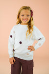Knit Flower Burgundy Denim Pant Set - 6-12 Months - White knit sweater with burgundy and light pink flower appliqués paired with burgundy denim cargo pants.