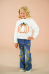 Pumpkin Denim Flare Set - 6-12 Months - White long-sleeve shirt with orange pumpkin graphic paired with blue denim flare jeans featuring orange pumpkin patches.