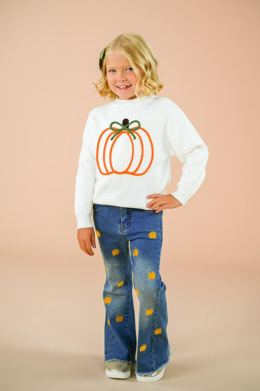 Pumpkin Denim Flare Set - 6-12 Months - White long-sleeve shirt with orange pumpkin graphic paired with blue denim flare jeans featuring orange pumpkin patches.