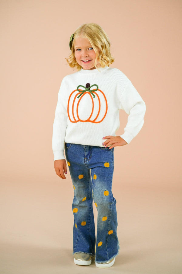 Pumpkin Denim Flare Set - 6-12 Months - White long-sleeve shirt with orange pumpkin graphic paired with blue denim flare jeans featuring orange pumpkin patches.
